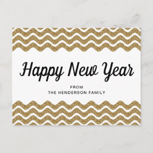 Happy New Year Gold Glitter Chevron Stripes Postcard