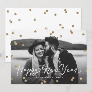 Happy New Year Gold Glitter Confetti Dots Holiday Card
