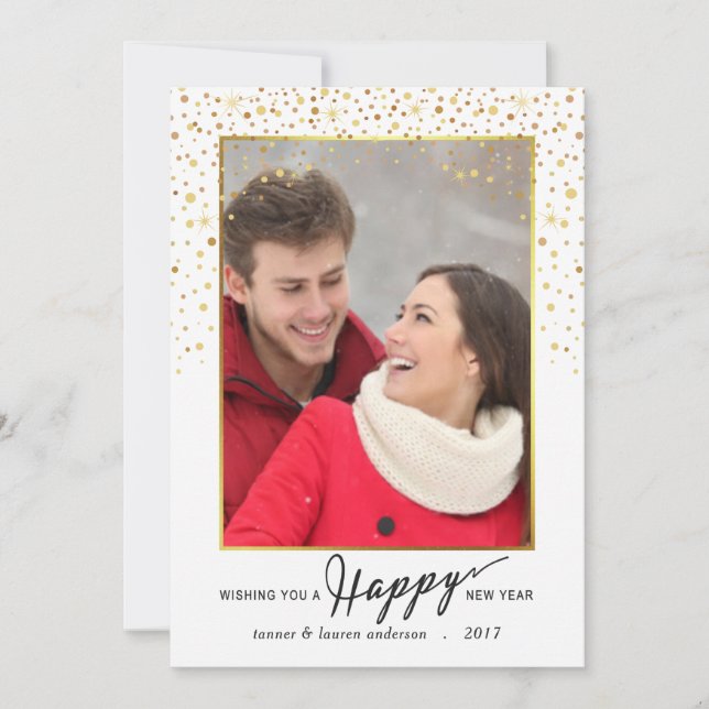 Happy New Year Gold Glitter Confetti Holiday Photo Card (Front)
