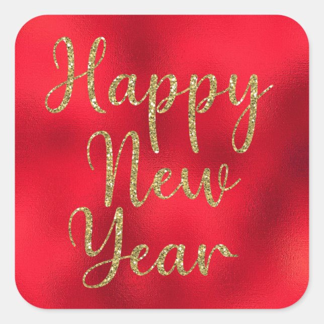 Happy New Year Gold Glitter on Red Metallic Square Sticker (Front)