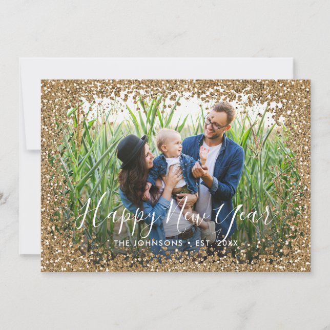 Happy New Year Gold Glitter Photo Frame Holiday Card (Front)