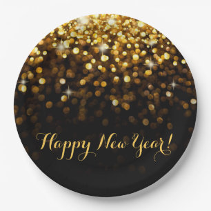 Happy New Year Gold Glitter Sparkles New Years Eve Paper Plate