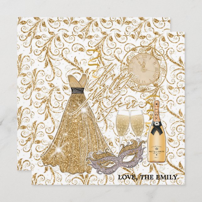 Happy New Year Gold  Holiday Card (Front/Back)