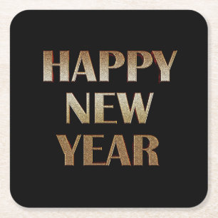 Happy New Year Gold Metallic Text Imag Square Paper Coaster