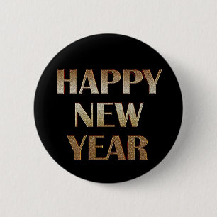 Happy New Year Gold Metallic Text Image 6 Cm Round Badge