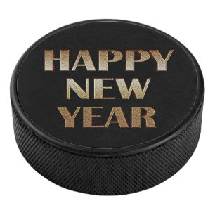 Happy New Year Gold Metallic Text Image Hockey Puck