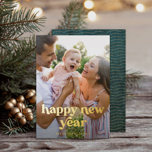 Happy New Year Gold Modern Photo Foil Holiday Card