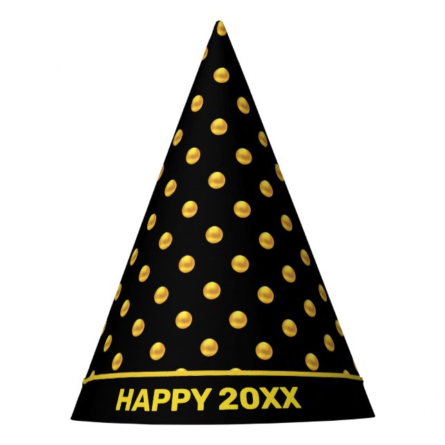 Happy New Year & Gold Polka Dots on Black Party Hat (Front)