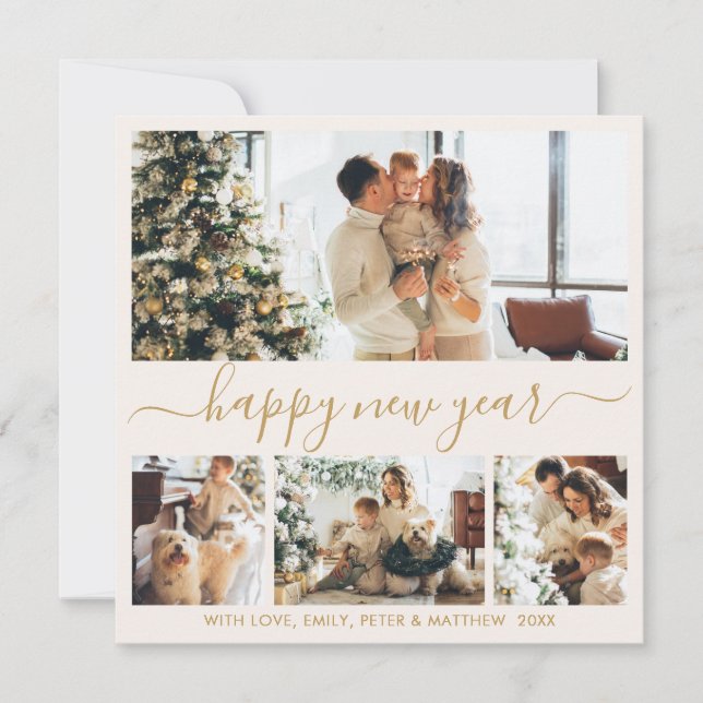 Happy New Year Gold Script 4 Photo Collage Neutral Holiday Card (Front)