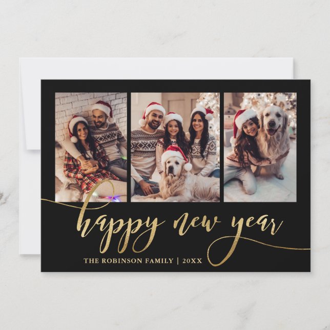 Happy New Year Gold Script Black 3 Photo Collage  Holiday Card (Front)