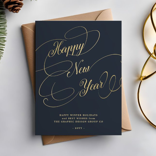 Happy New Year gold script business corporate Holiday Card (Creator Uploaded)