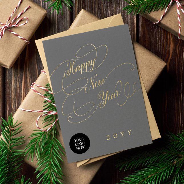 Happy New Year gold script business corporate logo Holiday Card (Creator Uploaded)