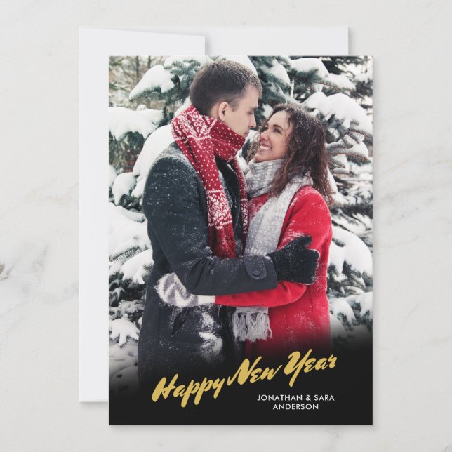 Happy New Year Gold Script Photo Holiday Card (Front)