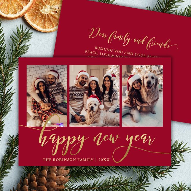 Happy New Year Gold Script Red 3 Photo Collage  Holiday Card (Creator Uploaded)