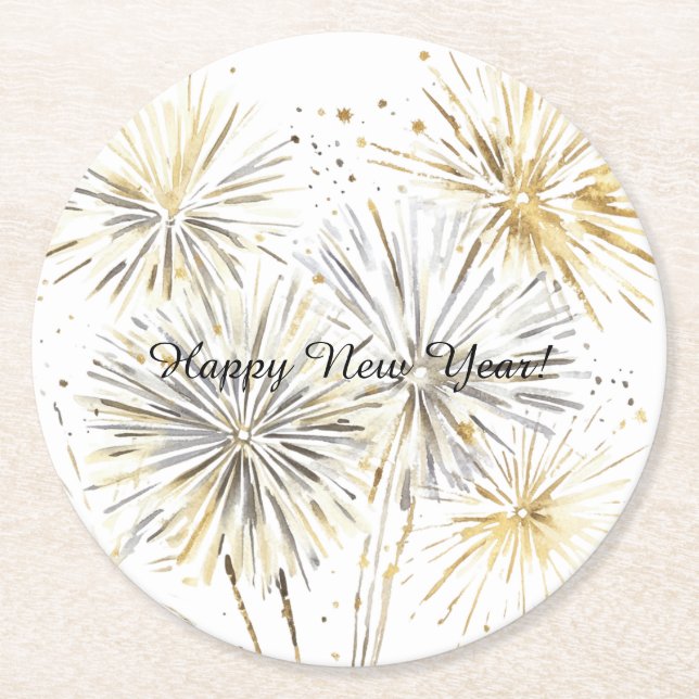 Happy New Year Gold Silver Fireworks Round Paper Coaster (Front)