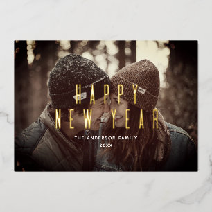 Happy New Year. Gold simple typography photo Foil Holiday Card