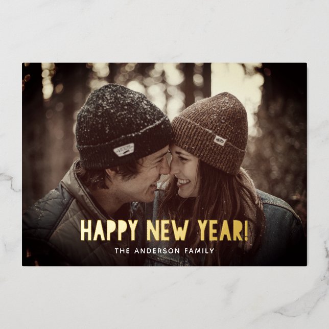 Happy New Year. Gold simple typography photo Foil Holiday Card (Front)