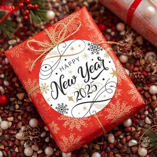 Happy New Year Gold Snowflake Classic Round Sticker (Creator Uploaded)