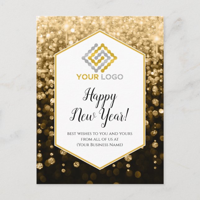 Happy New Year Gold Sparkles Logo Business Postcard (Front)