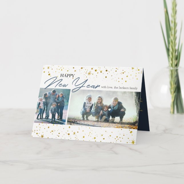 Happy New Year Gold Stars | 2 Photos Card (Front)
