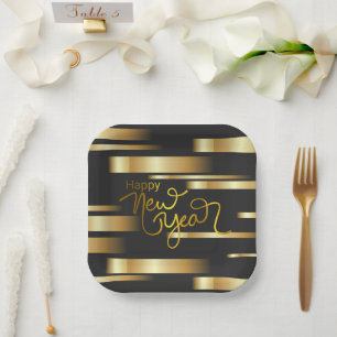Happy New Year Gold Striped Paper Napkin Plate