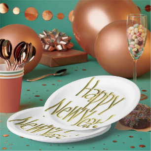 Happy New Year - Gold Text (Add Background Colour) Paper Plate