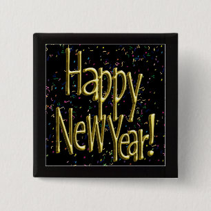 Happy New Year - Gold Text on Black Confetti 15 Cm Square Badge