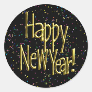 Happy New Year - Gold Text on Black Confetti Classic Round Sticker