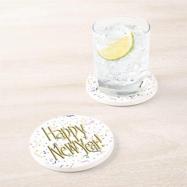 Happy New Year - Gold Text on Black Confetti Coaster (Side)