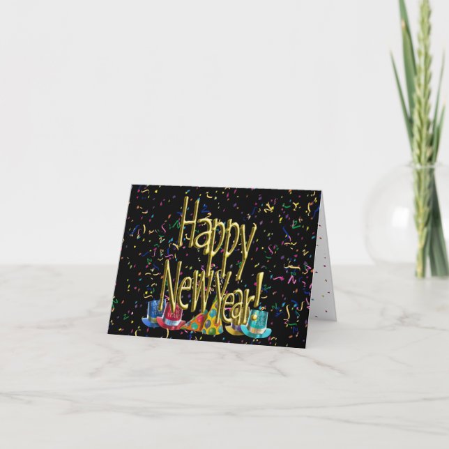 Happy New Year - Gold Text on Black Confetti Invitation (Front)