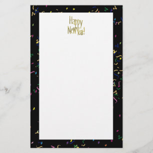 Happy New Year - Gold Text on Black Confetti Stationery