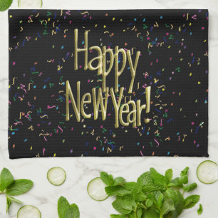 Happy New Year - Gold Text on Black Confetti Tea Towel