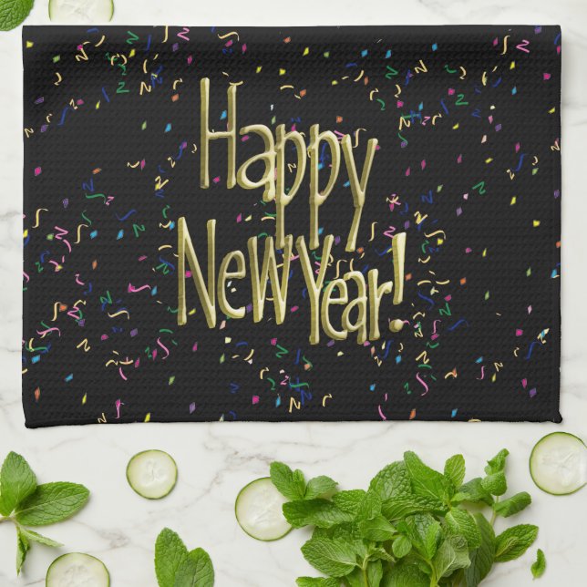 Happy New Year - Gold Text on Black Confetti Tea Towel (Folded)