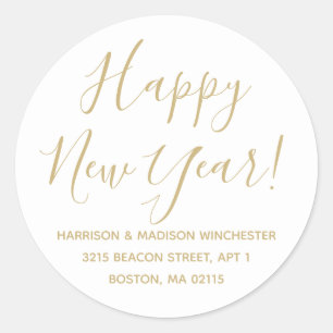 Happy New Year gold white script return address Classic Round Sticker