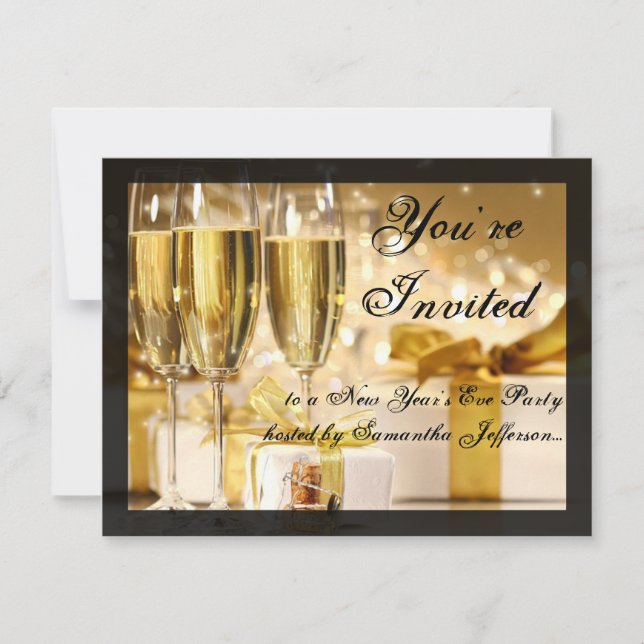 Happy New Year Golden Champagne Glasses Invitation (Front)