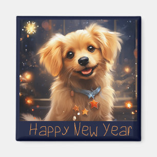 Happy New Year  Golden Puppy Magnet