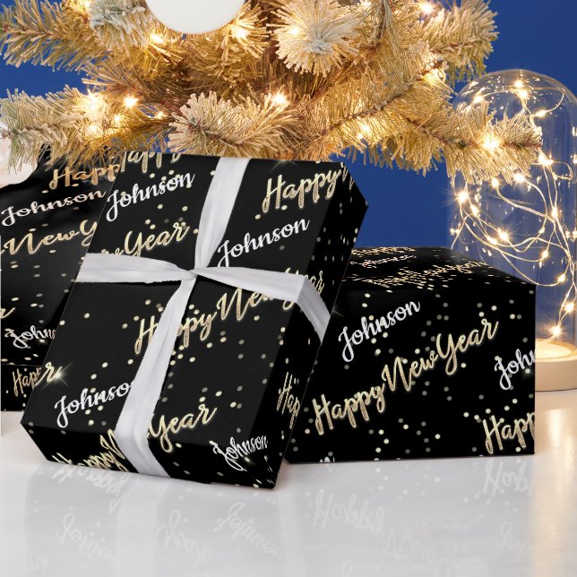 Happy New Year Golden Script Custom Name Black Wrapping Paper (Holidays)