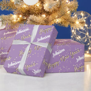 Happy New Year Golden Script Name Purple Lavender Wrapping Paper