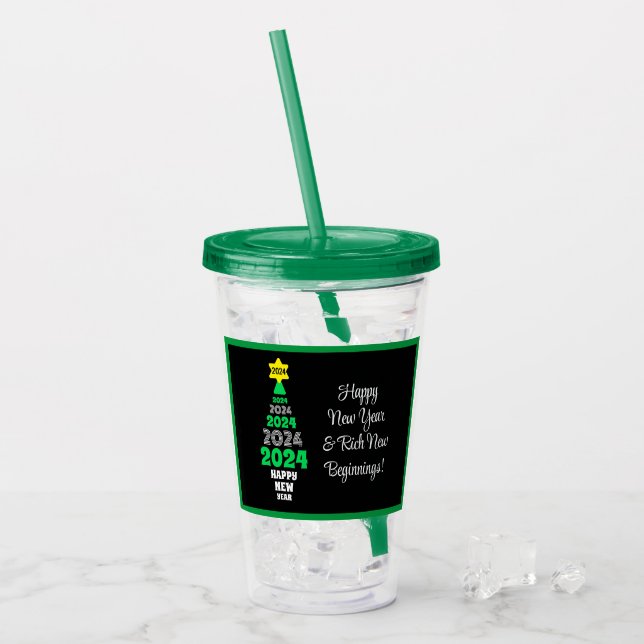 Happy New Year Green and White Tree Festive Fun Acrylic Tumbler (Front Ice)
