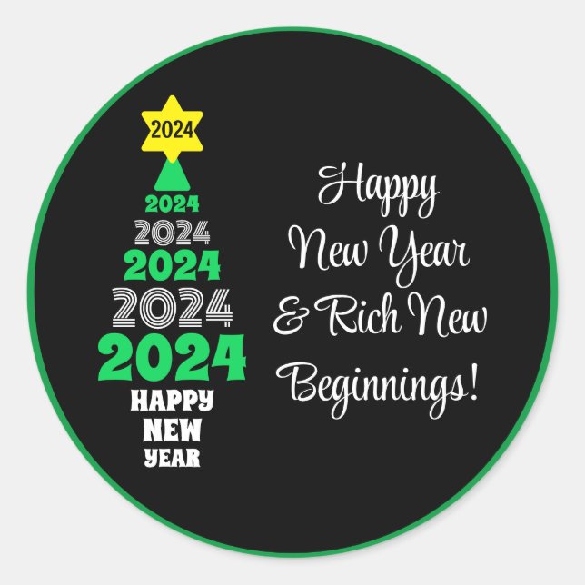 Happy New Year Green and White Tree Festive Fun Classic Round Sticker (Front)