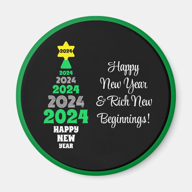 Happy New Year Green and White Tree Festive Fun Magnet (Front)