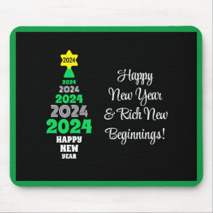 Happy New Year Green and White Tree Festive Fun Mouse Mat
