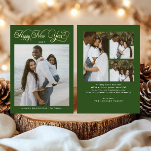 Happy New Year Green Family 4 Photo Collage Foil Holiday Card