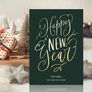 Happy New Year Green Gold Script Modern Non Photo Foil Holiday Card