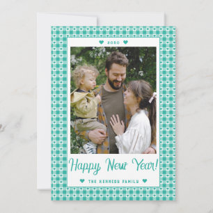 Happy New Year Green Heart Gingham Plaid Photo Holiday Card