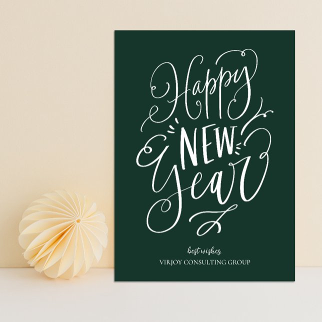Happy New Year Green Script Modern Business Holiday Card (Creator Uploaded)