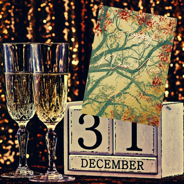  Happy New Year green tree red leaves Foil Greeting Card (Creator Uploaded)