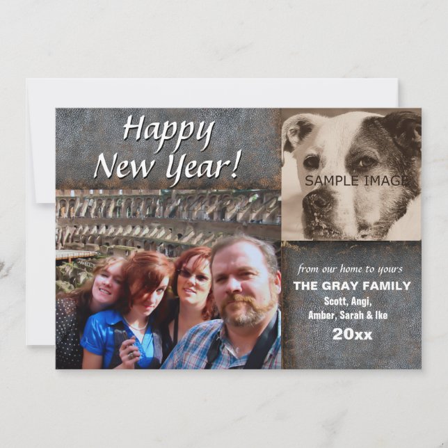 Happy New Year Greeting Rustic Leather 2 Photos Holiday Card (Front)