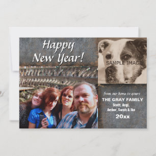 Happy New Year Greeting Rustic Leather 2 Photos Holiday Card