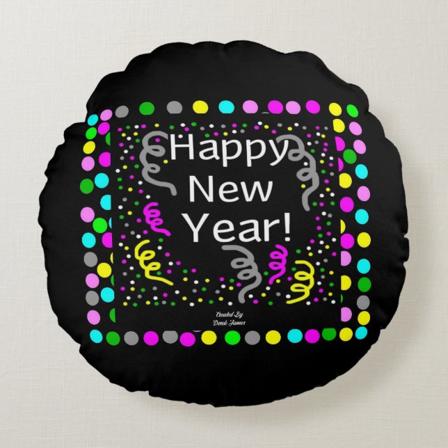 Happy New Year Greetings Round Throw Pillow (Front)